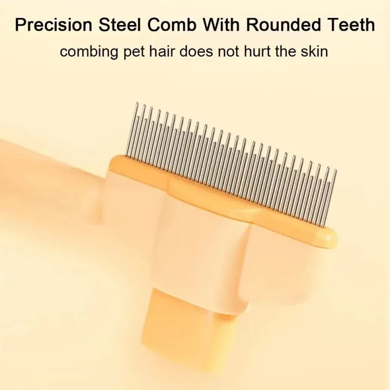 Green and yellow pet grooming brush with one-click hair removal system for dogs