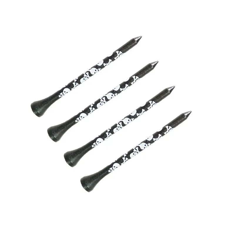 Ten black bamboo golf spike dowel pins with skull print, shown in 70mm and 83mm lengths.