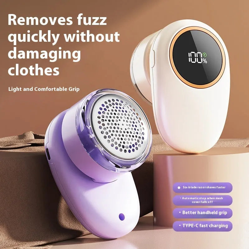 Digital display fur ball trimmer with configurable cutter heads in beige or purple colour options