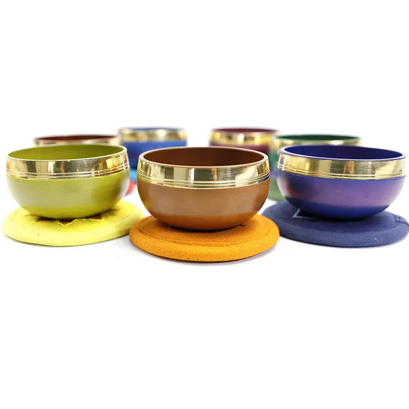 Handmade Himalayan singing bowl measuring 7.8cm diameter in seven colour options for yoga meditation