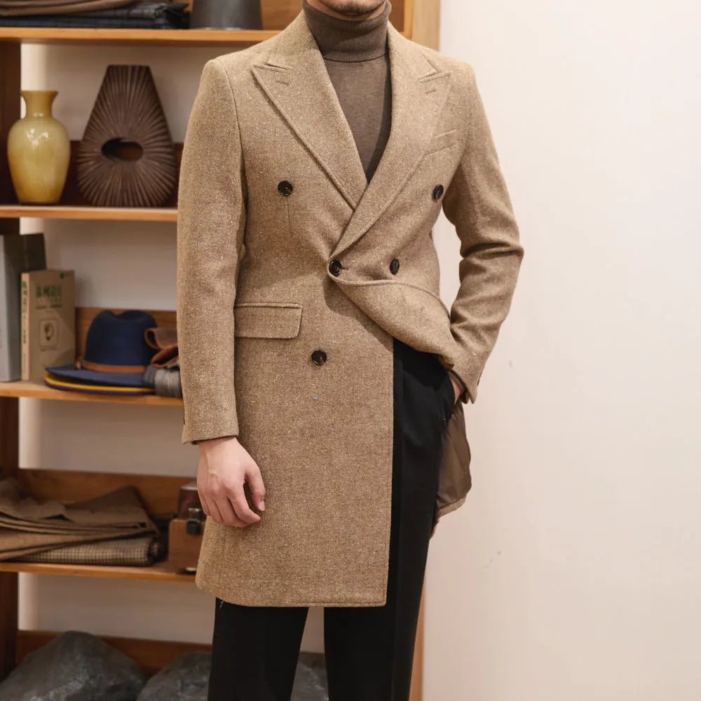 Brown men's double-breasted slim-fit wool blend jacket with side seam pockets and straight hem.