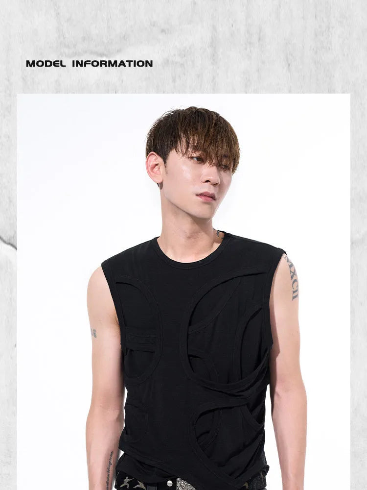Men's solid black Lyocell summer vest with round neck tank top style on a hanger.