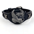 Black geometric leather bracelet with alloy eagle watch-button closure, showing 26cm length and 1.7-3.8cm width variation