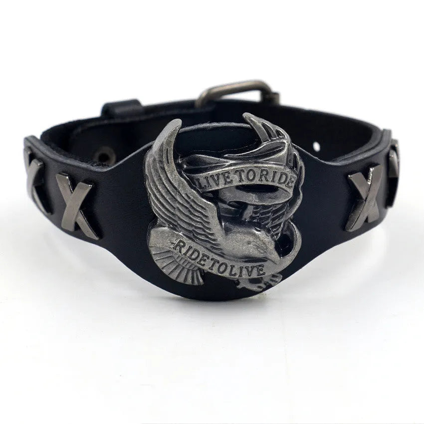 Black geometric leather bracelet with alloy eagle watch-button closure, showing 26cm length and 1.7-3.8cm width variation