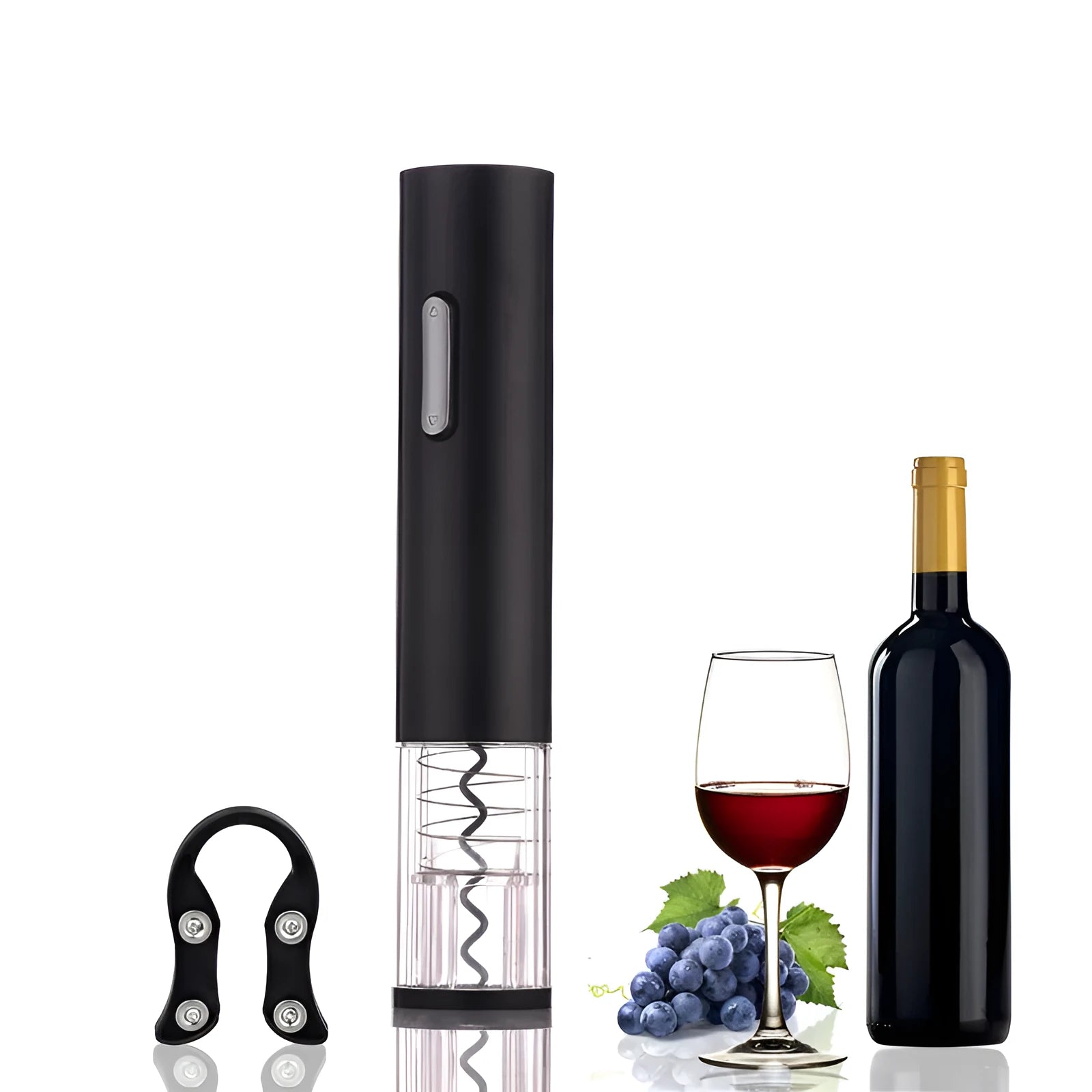 Black automatic electric wine bottle opener with foil cutter on a kitchen counter.