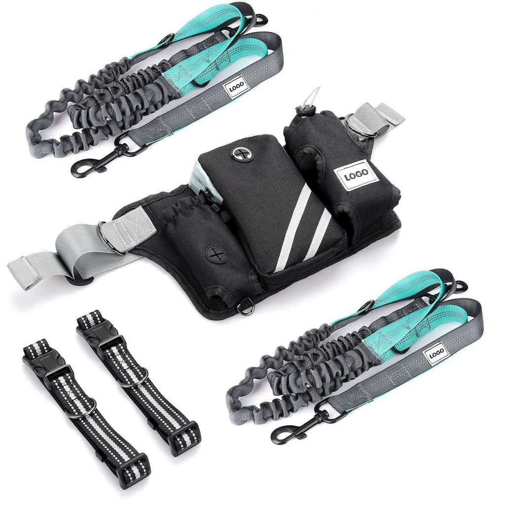 Black nylon outdoor dog walking set with adjustable waist bag and attached leash
