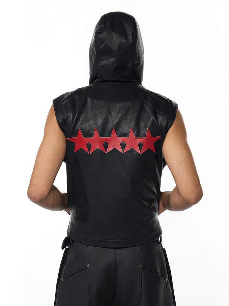 Black slim fit PU leather waistcoat coat for men with hood and five-pointed star detail.