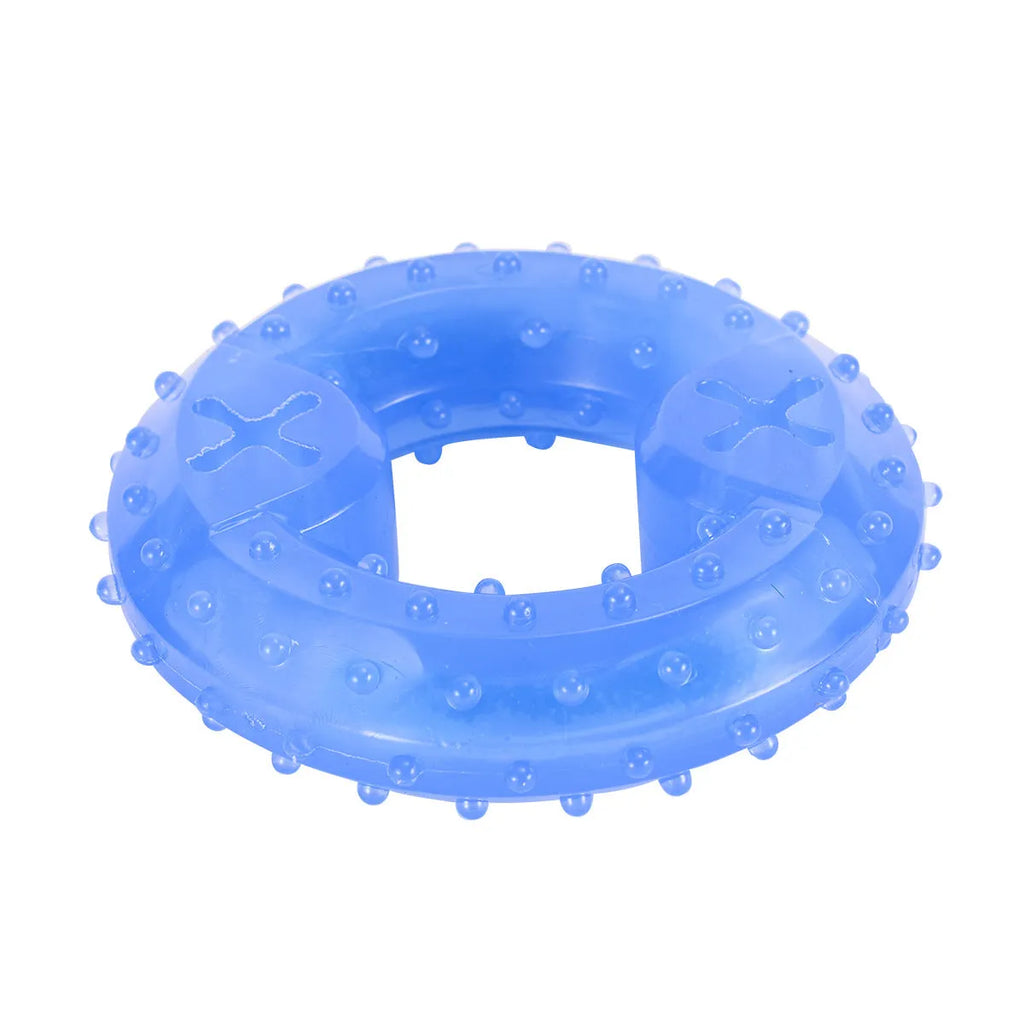 Freezable dog teething cooling chew toy with treat compartment in Bones and Circles shapes