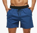 Men's blue athletic shorts with multiple pockets, drawstring waistband, and stitching detail for running and fitness activities