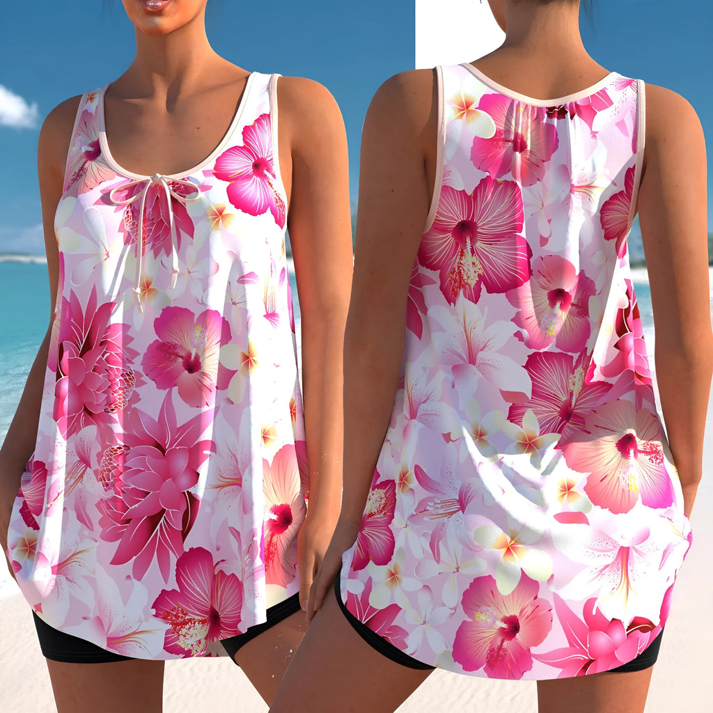 Plus size women's pink floral printed tankini swimsuit set with backless top and high-waisted briefs.