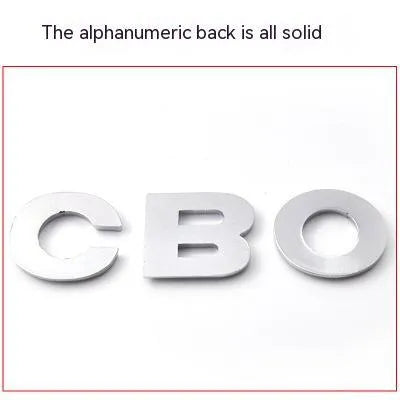 Metal zinc alloy car bumper stickers showing 3D English letters in black and silver finishes, each measuring 2.5cm