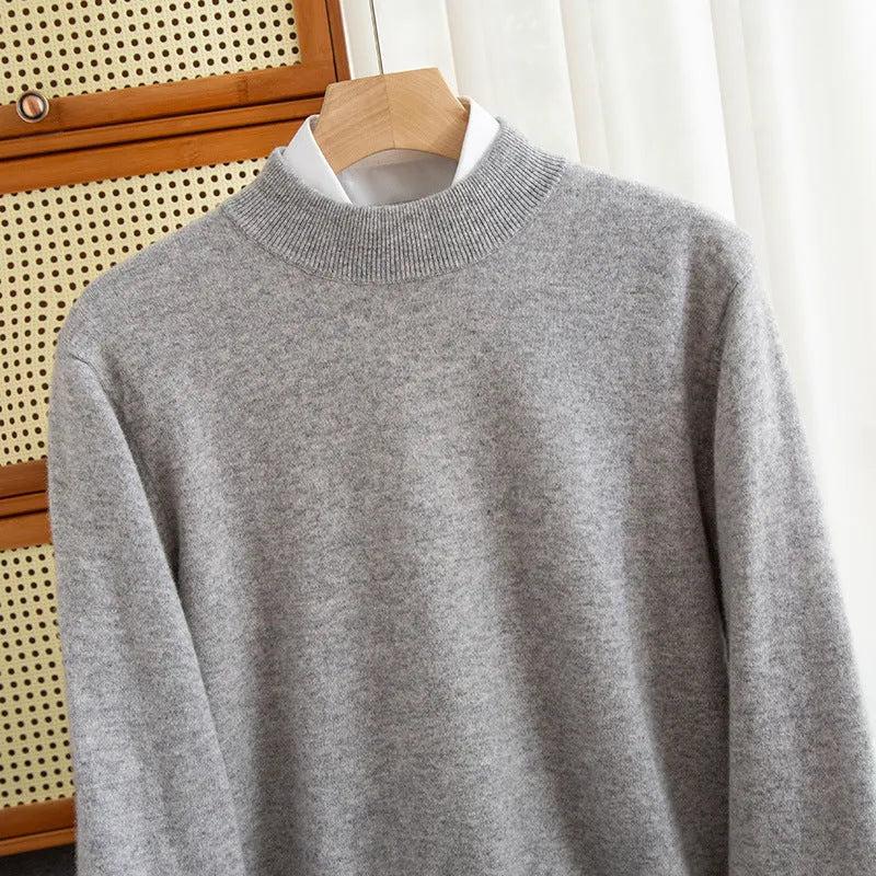 Men's half-collar wool sweater in loose fit showing texture of rough yarn wool