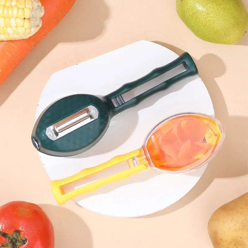 Yellow peeling knife with attached plastic storage lid for fruit and potato peelings
