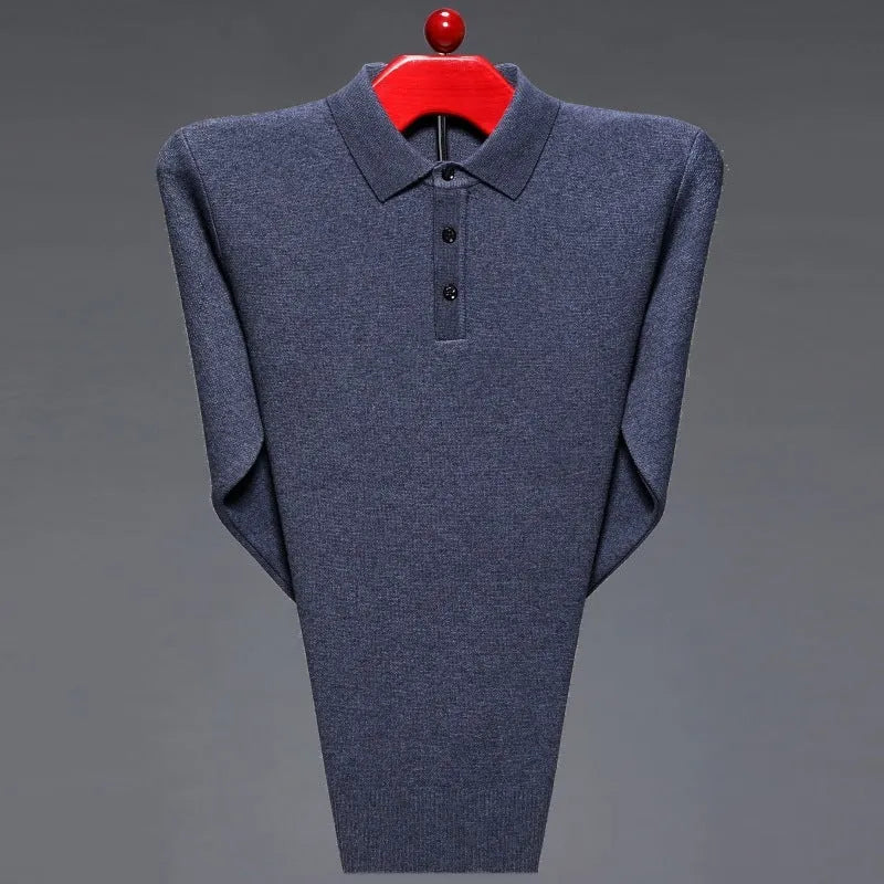 Thickened polo collar knitwear sweater in loose pullover style, blended polyester, shown for middle-aged and elderly leisure wear.