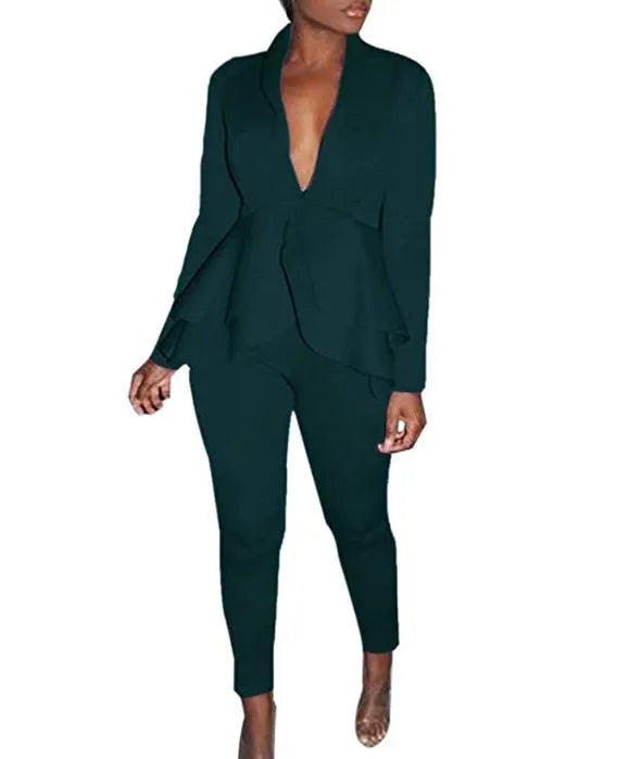 Women's white ruffle air layer business suit with pencil pants on hanger