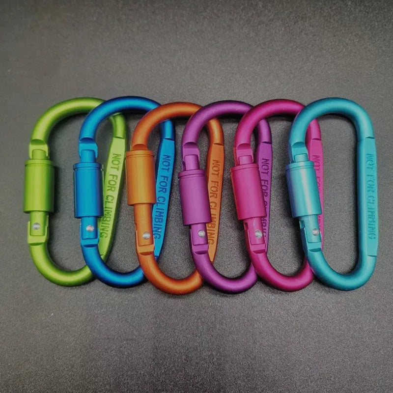 D-type aluminium carabiner with lock mechanism, 8cm length, flat profile, in multiple colour options