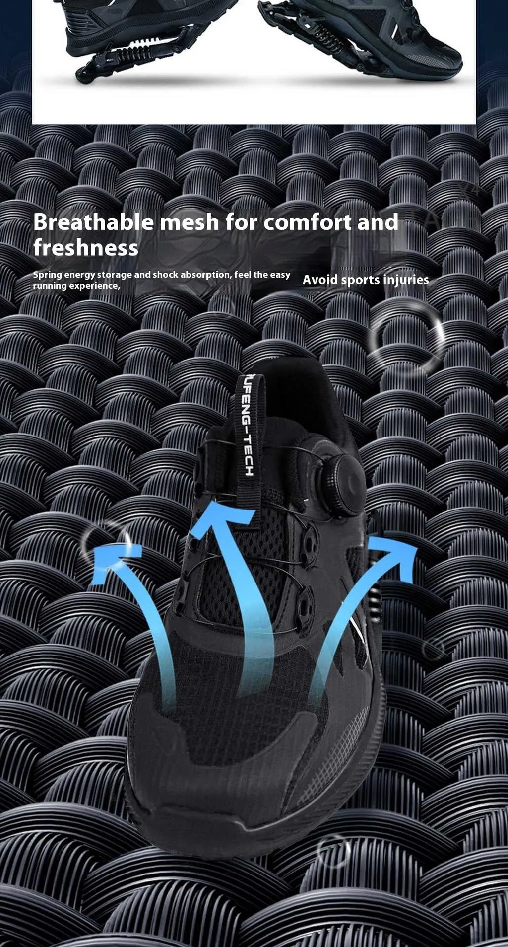 Black tech running shoes with mesh upper, leather stitching, buckle fastening, and a rubber EVA sole.