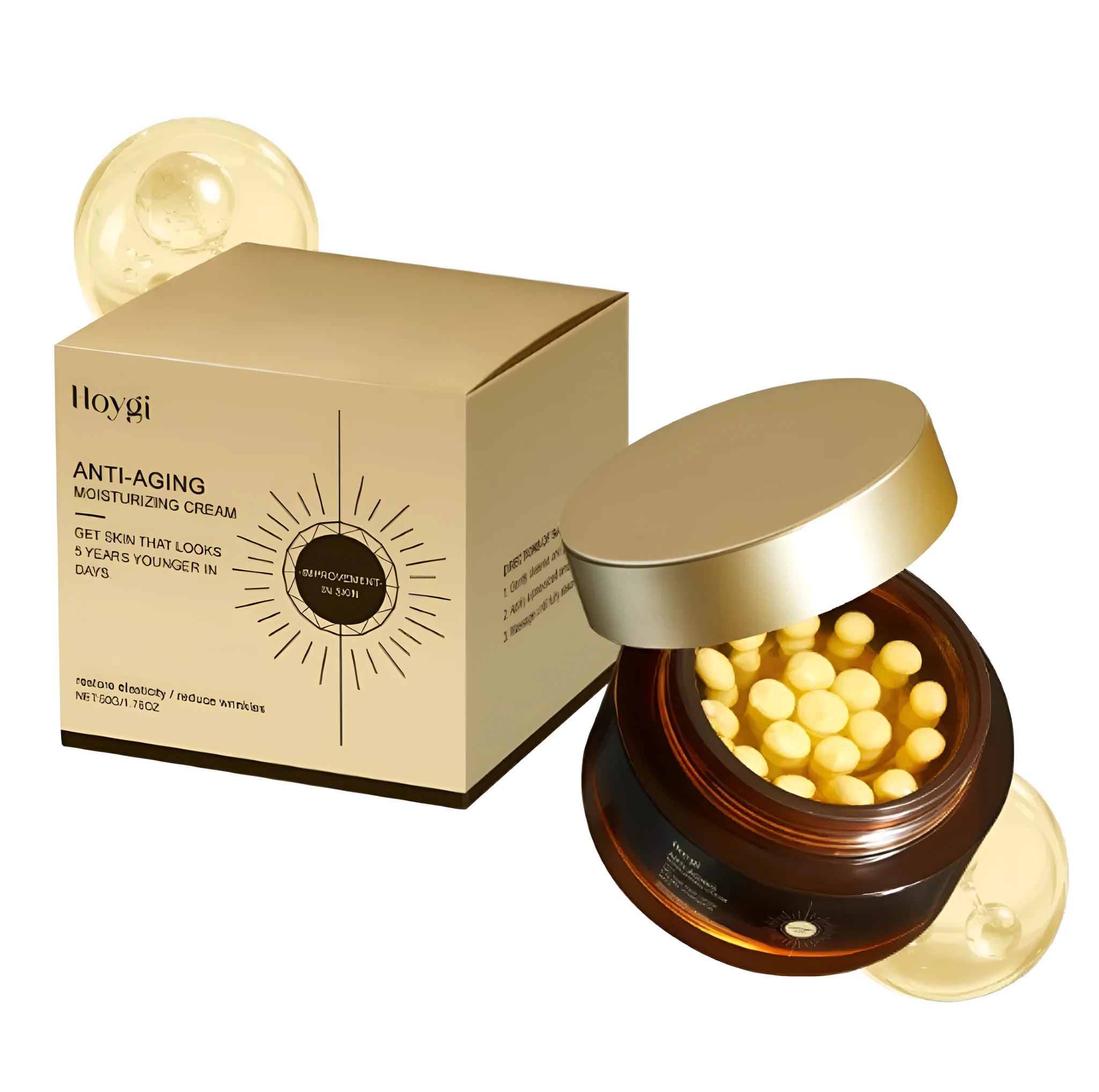 50g pot of Retinol Capsule Moisturising Cream with visible yellow balls embedded in the cream.