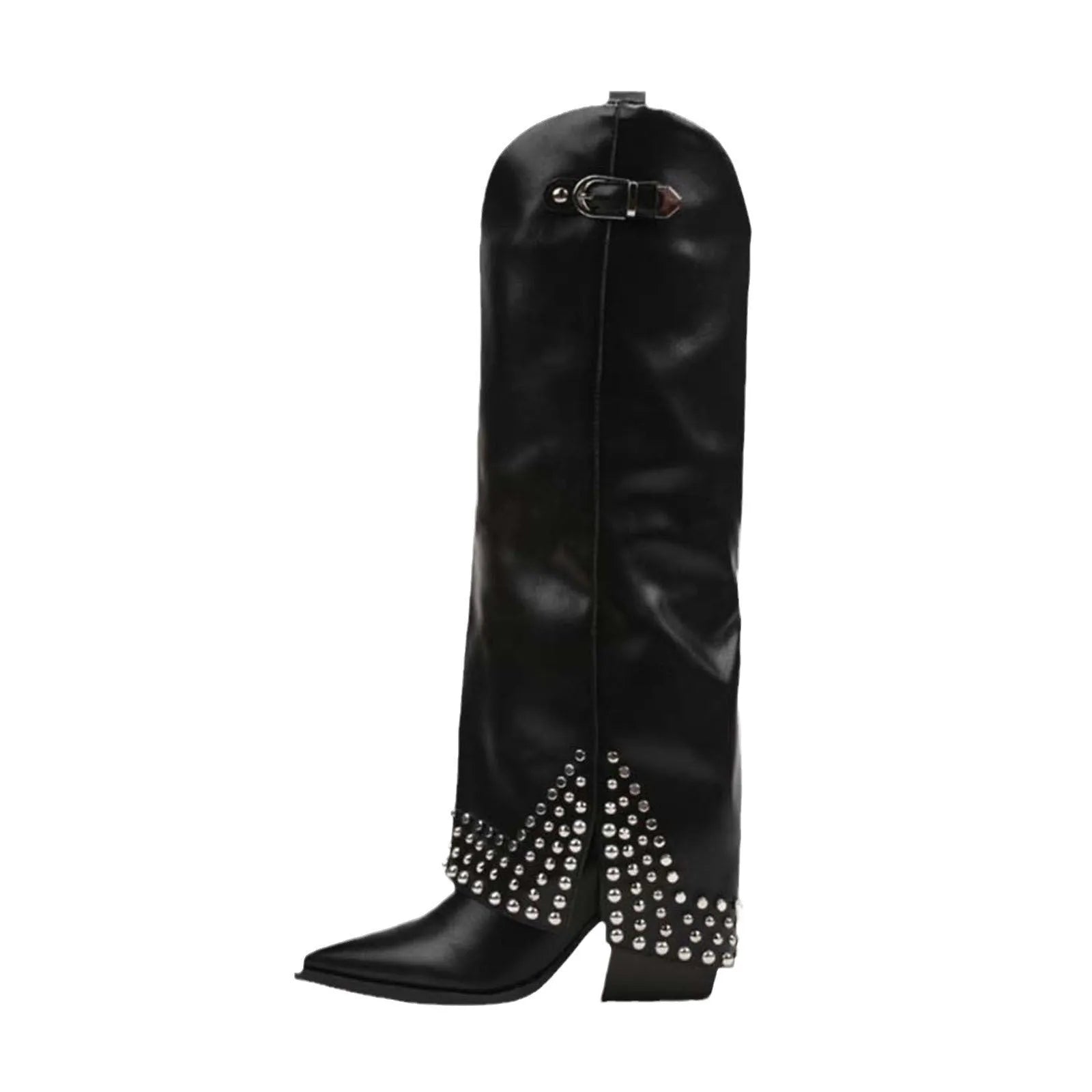 Women's black frosted rivet pantyhose boots with pointed toe and rubber sole