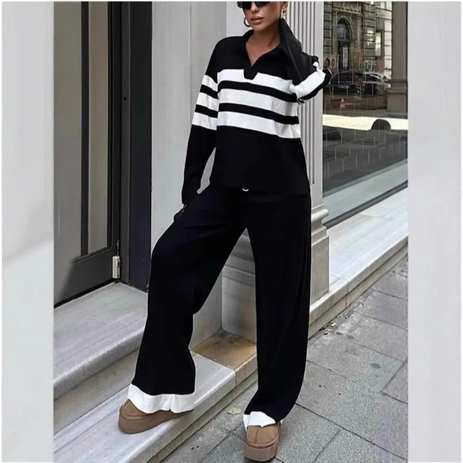 Women's black and white striped knitted two-piece set with polo collar and trousers