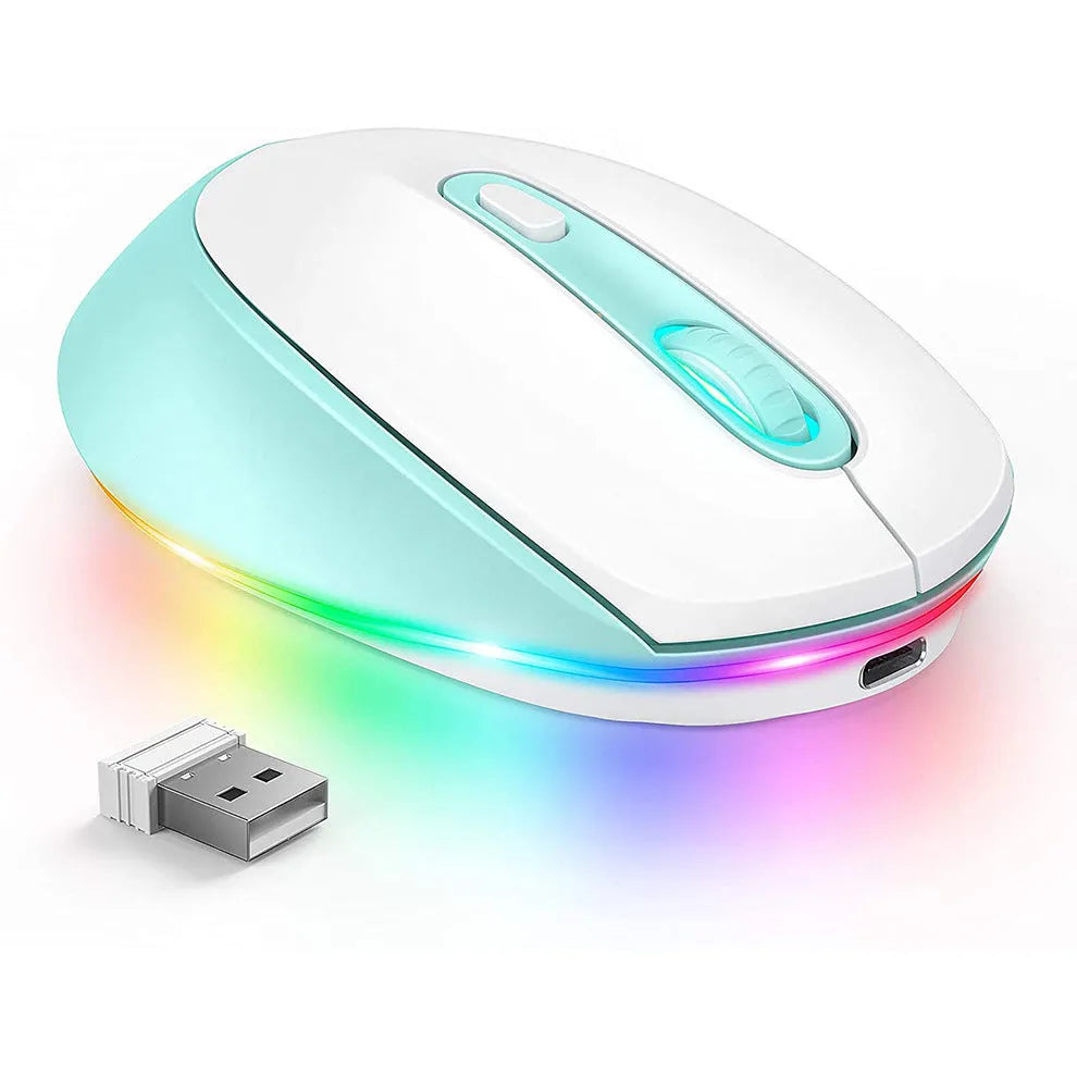 24g wireless mouse with ergonomic design showing seven colour options and USB charging cable