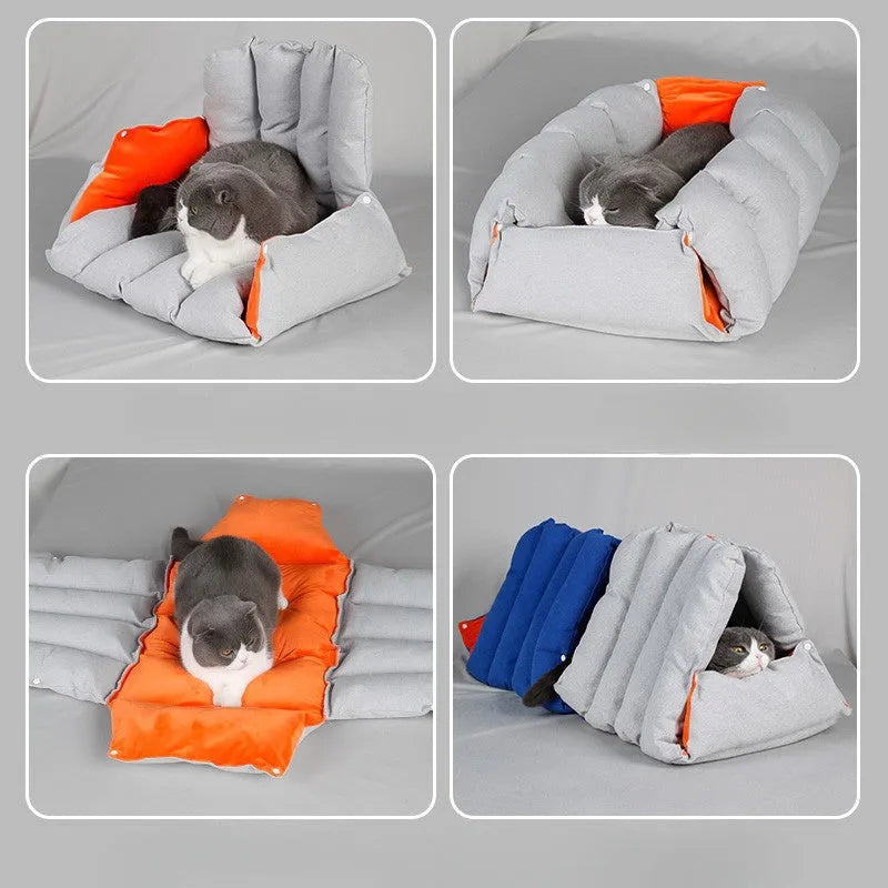 Blue triangular sofa-style cat nest with connectable sides and removable cotton cover