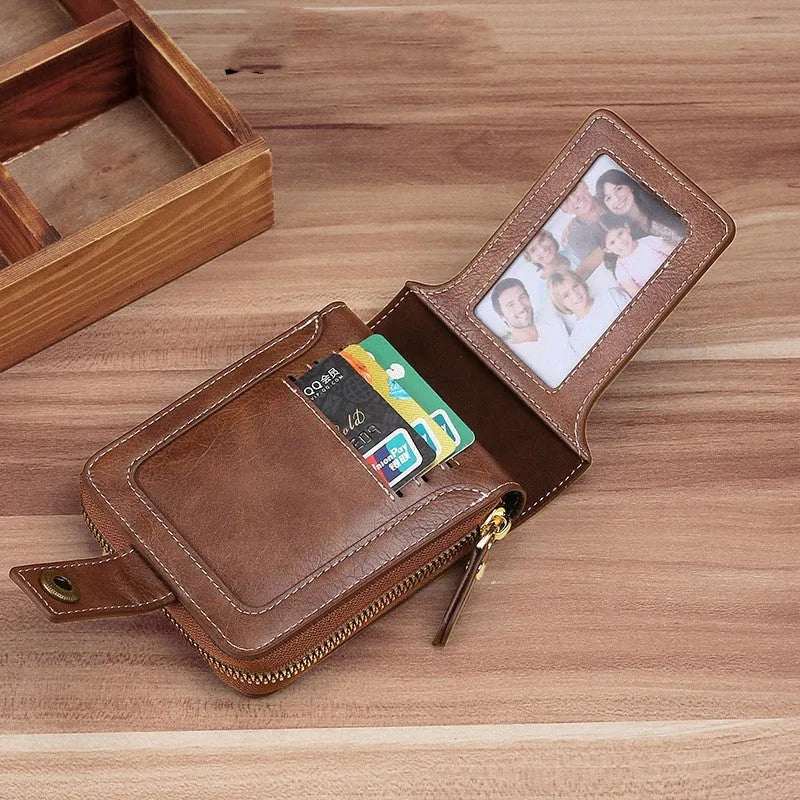 Men's short style bi-fold PU leather wallet in three colour options showing compact design