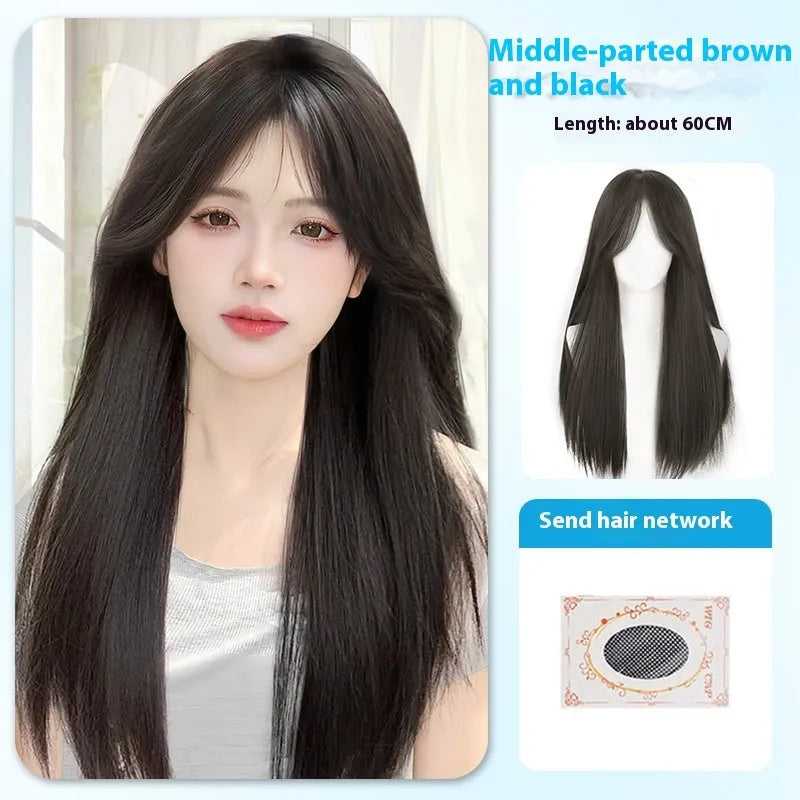 Black long straight synthetic wig with female bangs in high temperature fibre material