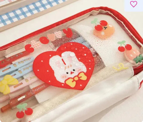 Transparent heart-shaped pen bag in Korean style with pink cake rabbit pattern