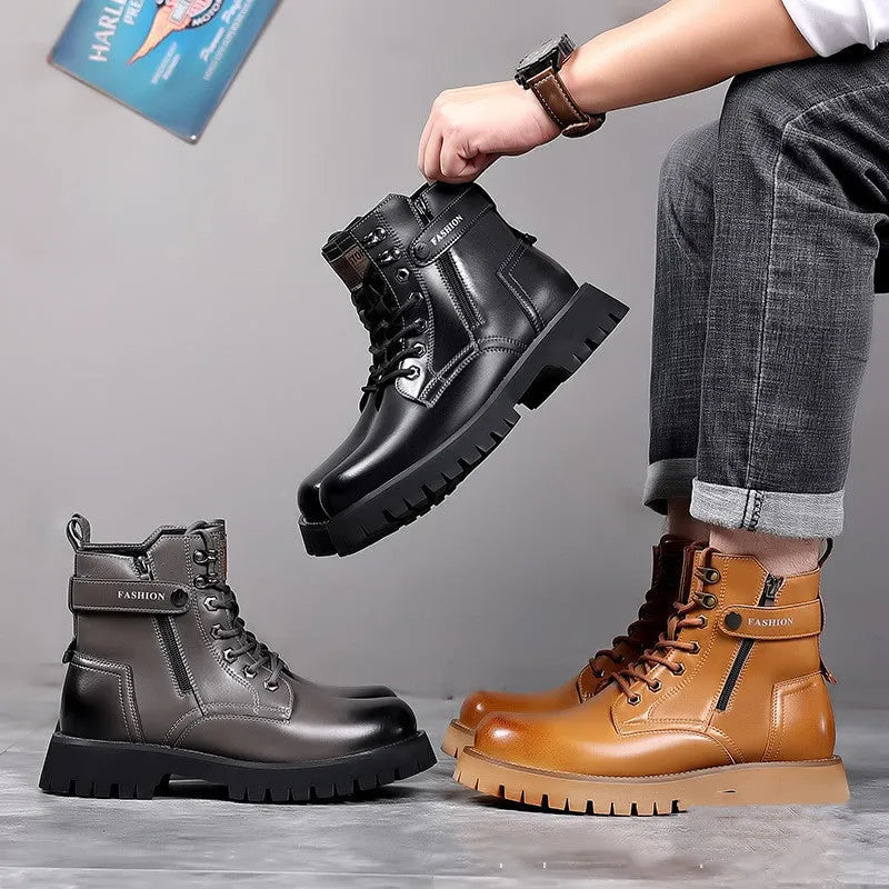 Men's light brown high-top Martin boots with side zipper, round toe, and thick rubber sole.