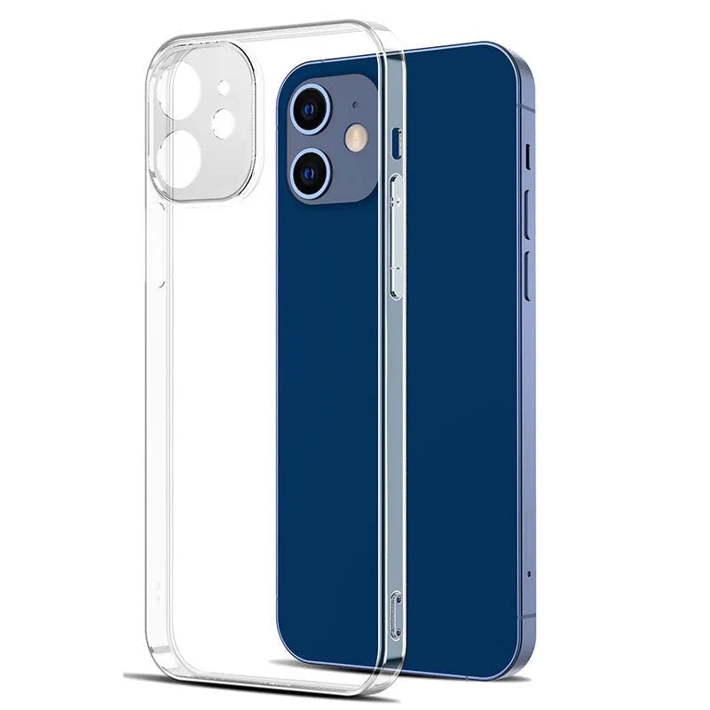 Transparent TPU phone case for iPhone, soft back cover, clear design, compatible with iPhone 11 to 15 and older models.