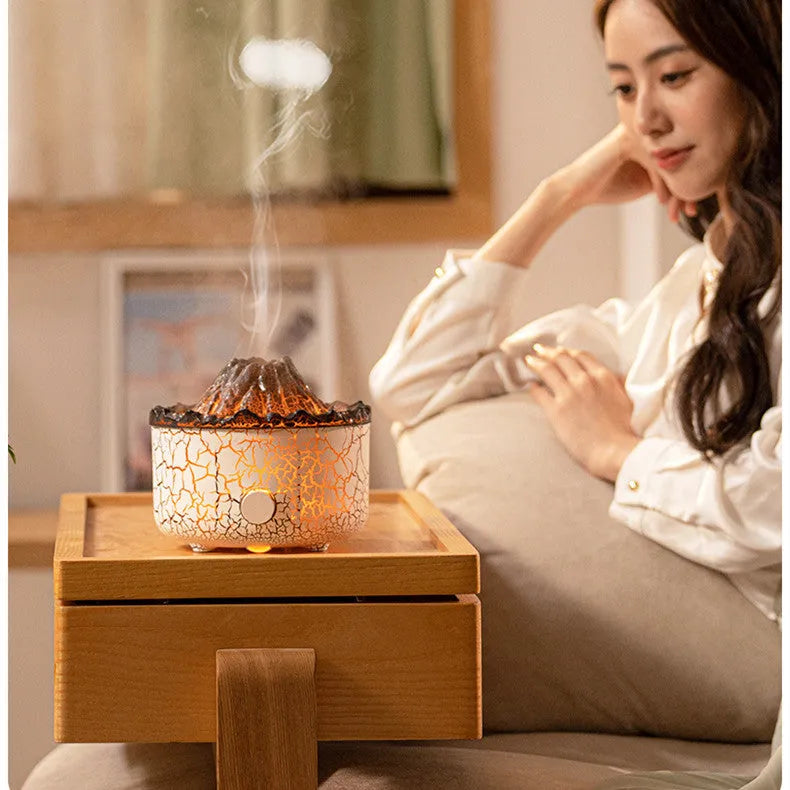 Volcanic humidifier diffuser with colourful flame effect mist and LED lighting