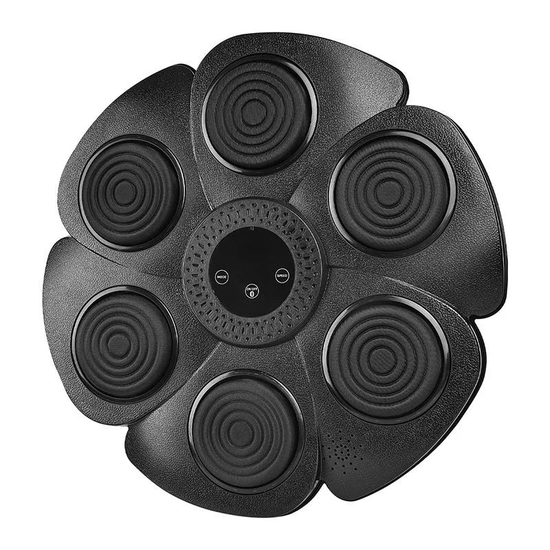Black smart boxing target mounted on wall with Bluetooth connectivity and light feedback system