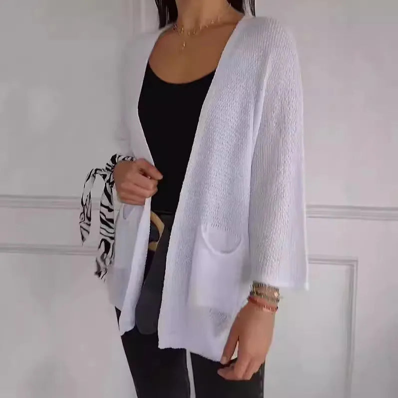 Women's waffle texture cardigan coat in army green with pocket detailing and regular sleeves