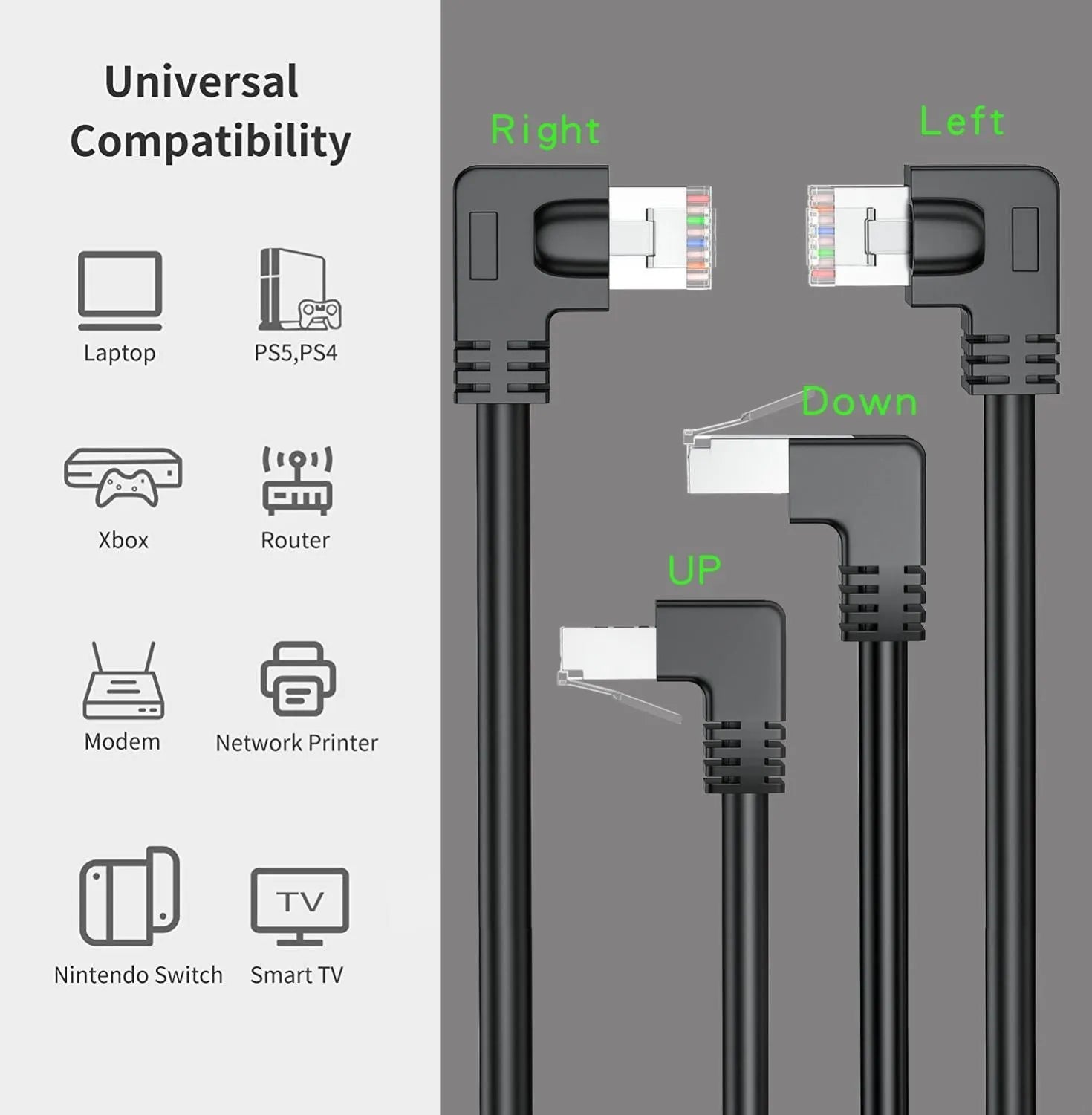 Cat6 Ethernet cable with right-angle RJ45 connectors in black, showing metal construction and length options for network setups
