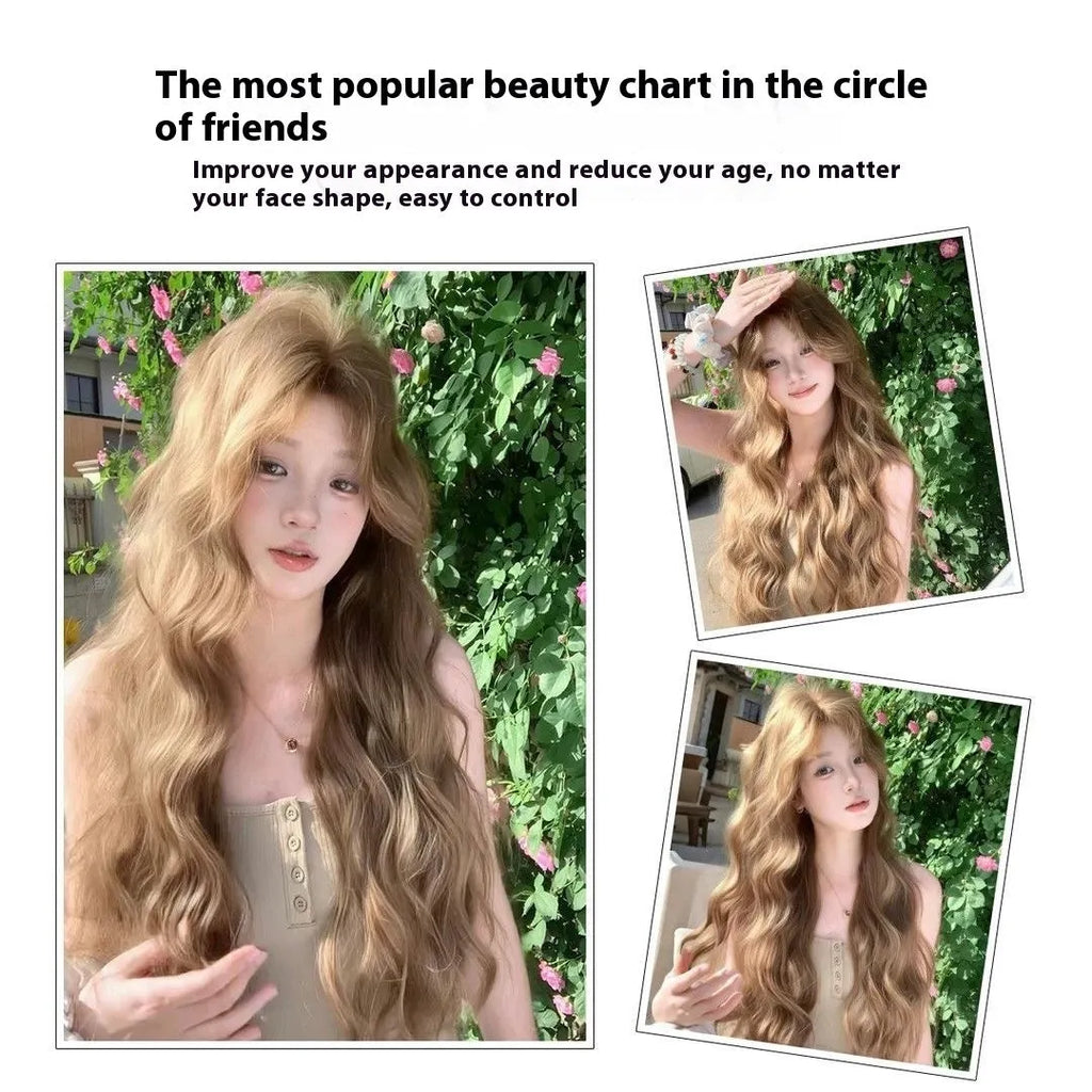 Medium size long curly wig in linen colour made from high temperature synthetic fibre.