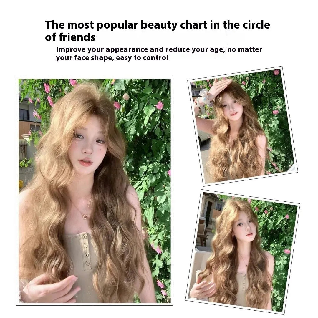 Medium size long curly wig in linen colour made from high temperature synthetic fibre.