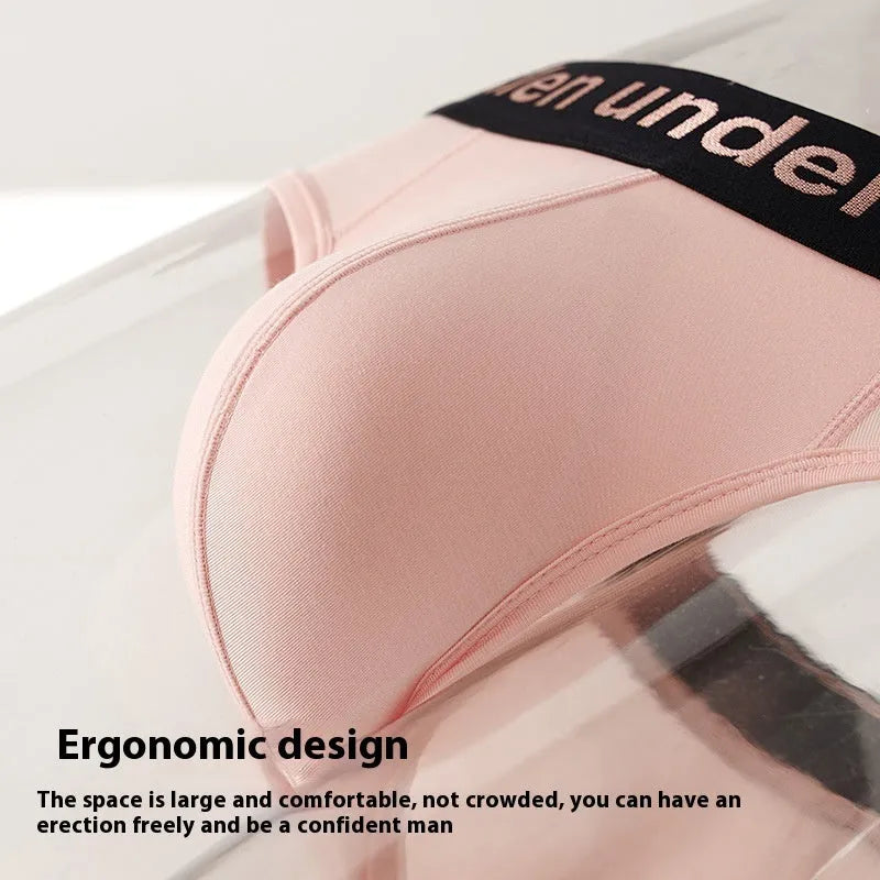 Men's low-waist modal briefs in gradient sports belt style, shown in black, white, and pink.