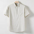 Men's linen blend T-shirt with loose lapel in black, optic linen, or white, sizes M to 5XL