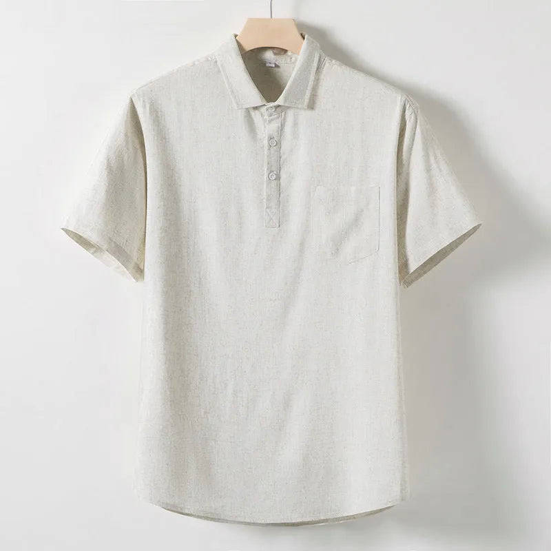 Men's linen blend T-shirt with loose lapel in black, optic linen, or white, sizes M to 5XL