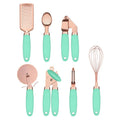Seven-piece stainless steel kitchen utensil set in rose gold, mint green, pink, white, black, grey, or blue colour options