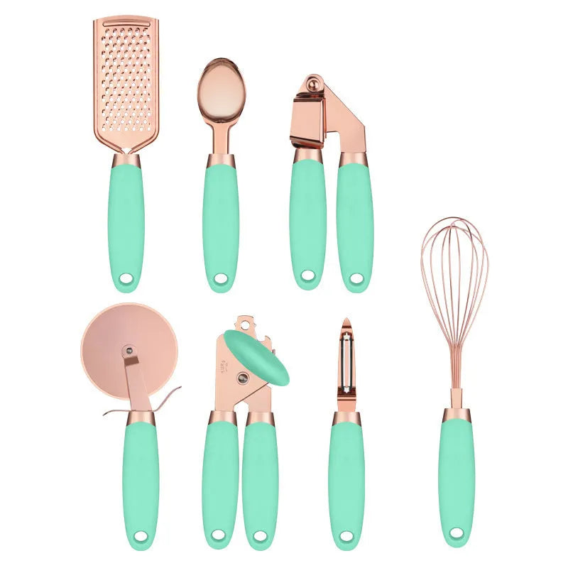 Seven-piece stainless steel kitchen utensil set in rose gold, mint green, pink, white, black, grey, or blue colour options