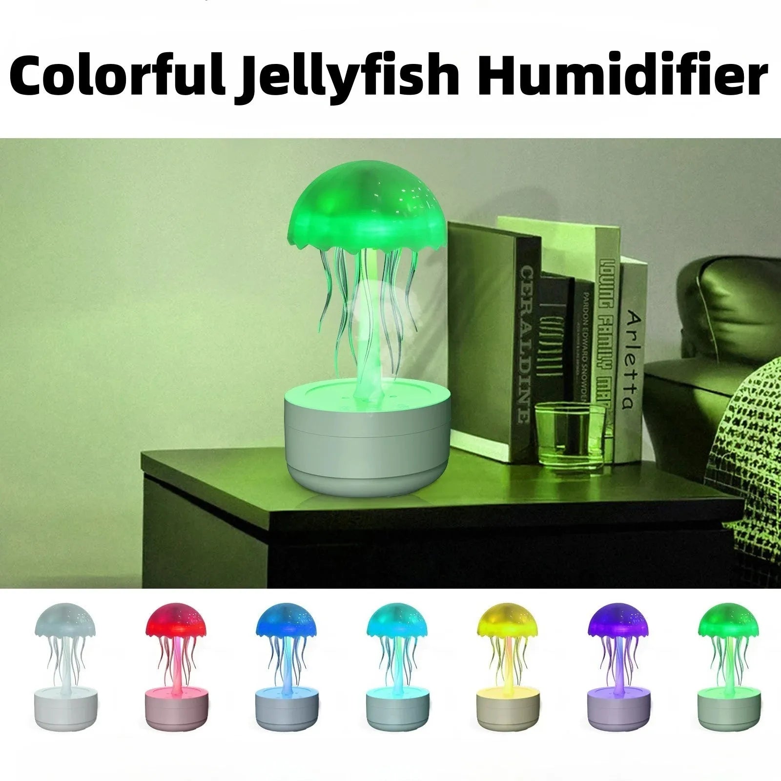 White jellyfish humidifier diffuser with 300ml capacity and 7-colour night light on desktop