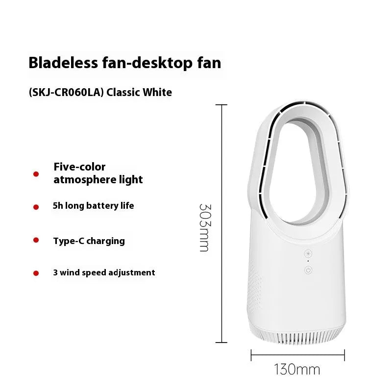 SK Bladeless Fan in white with remote control and touch screen, placed on a desk or floor