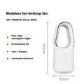 SK Bladeless Fan in white with remote control and touch screen, placed on a desk or floor