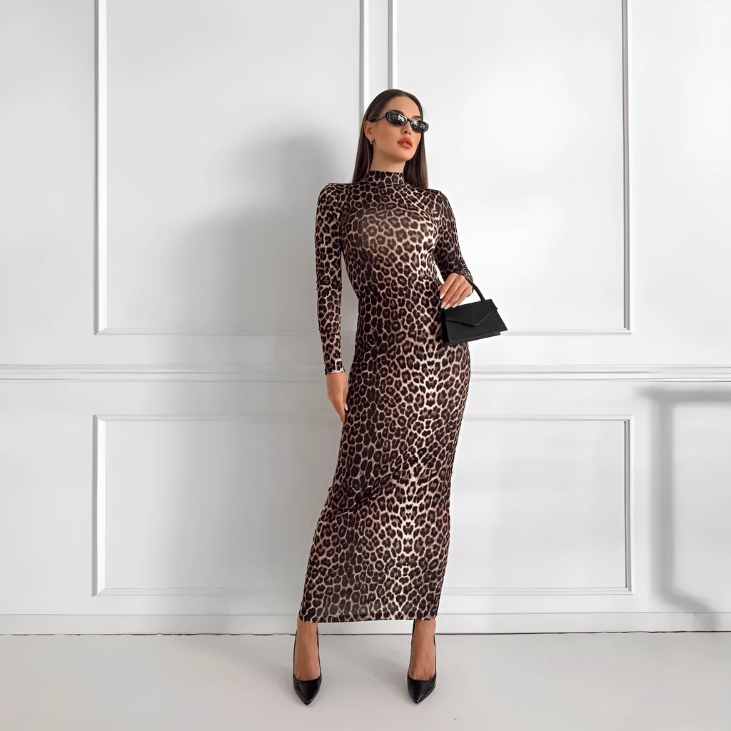 Leopard print women's dress with stand collar, long sleeves, and high waist hip skirt design