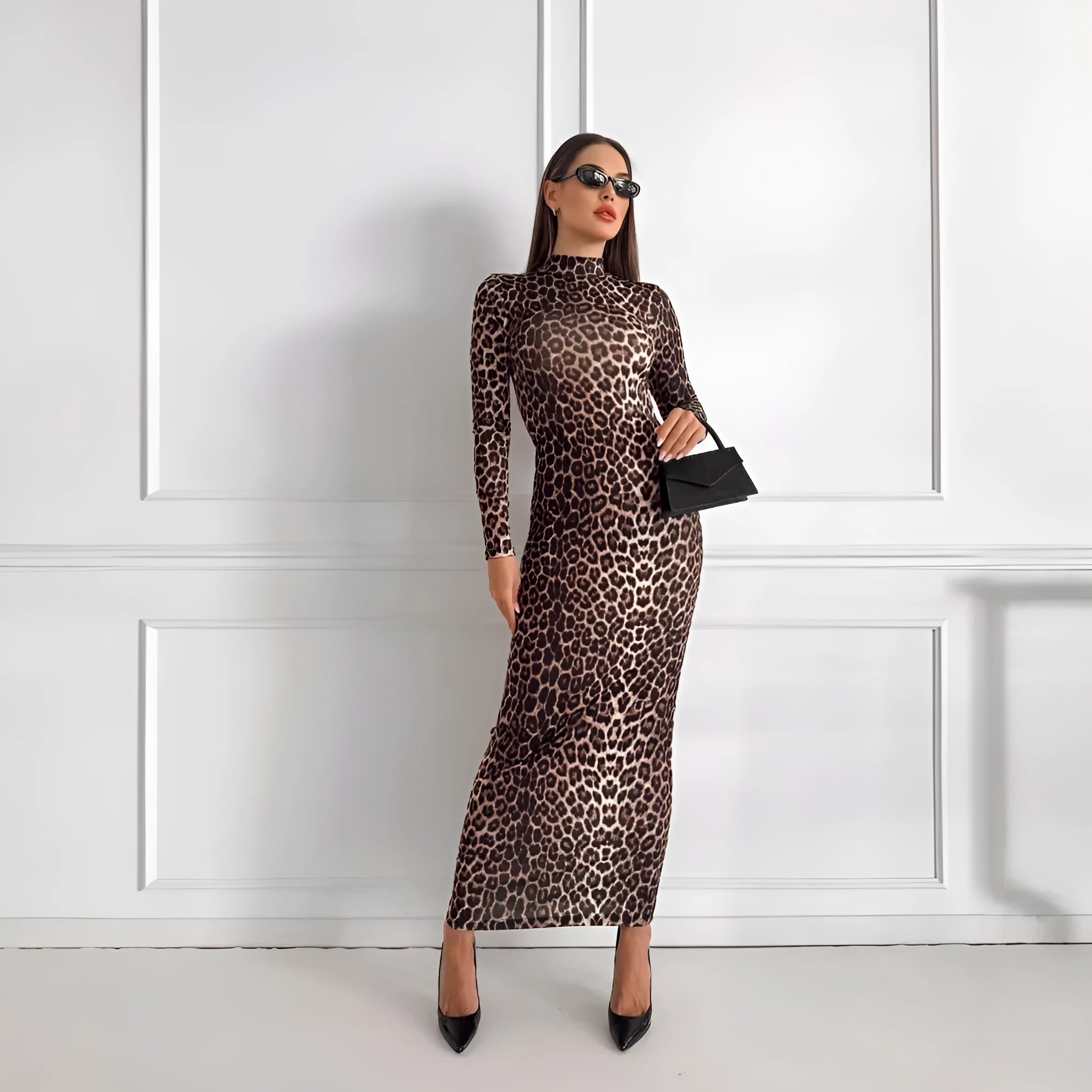 Leopard print women's dress with stand collar, long sleeves, and high waist hip skirt design