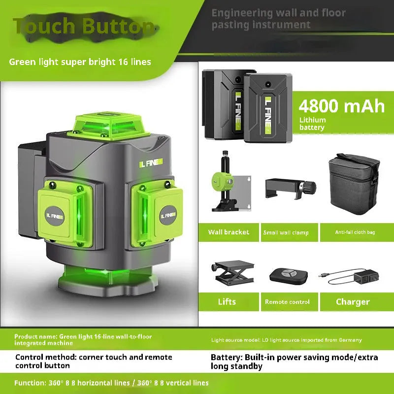 Green laser level projecting 16 lines on a wall, with 11cm x 13.5cm x 13.5cm size and 0.7kg weight for alignment tasks.