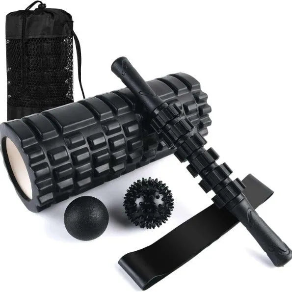 Black fitness foam roller with 33cm massage bar set for health massage and muscle relief