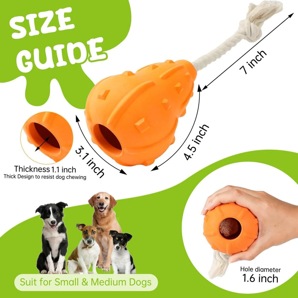 Stuffable dog toy in natural rubber, 30cm long with hollow interior for treats, designed for fetch and chew games